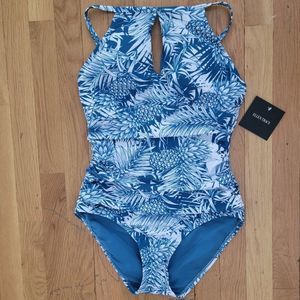 Ellen Tracy Women's  Floral Print High Neck Key hole One Piece Swimsuit …